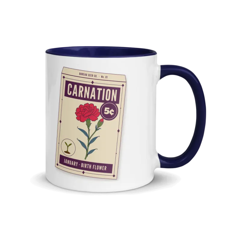 The January Carnation Birth Flower Mug in Dark Blue inside.