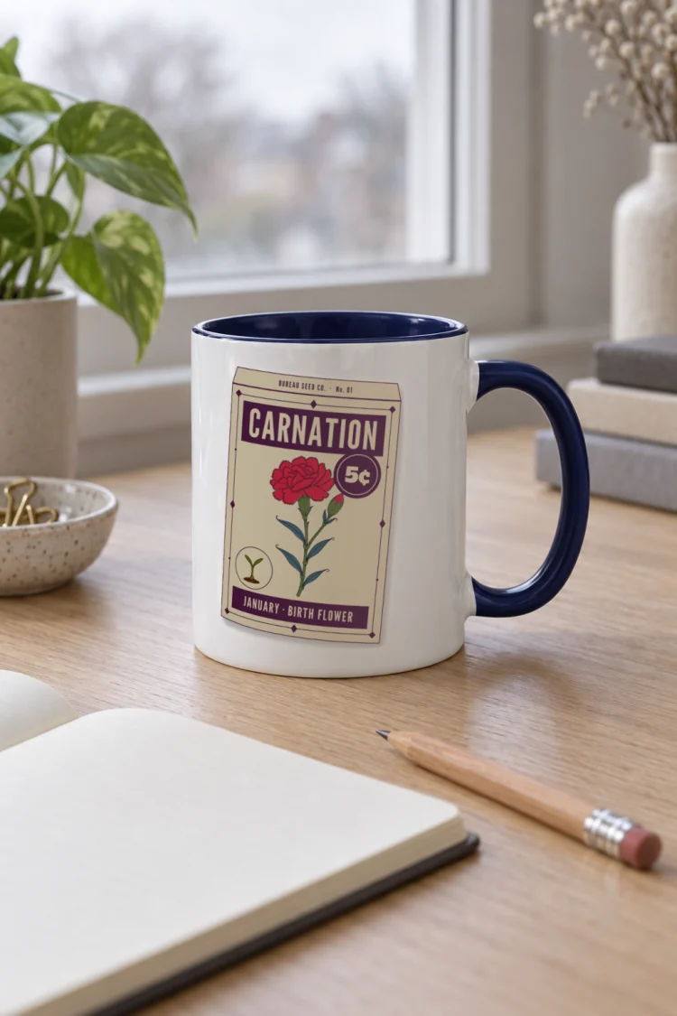AI-generated image of the January Carnation Birth Flower Mug in Dark Blue inside in a styled setting.