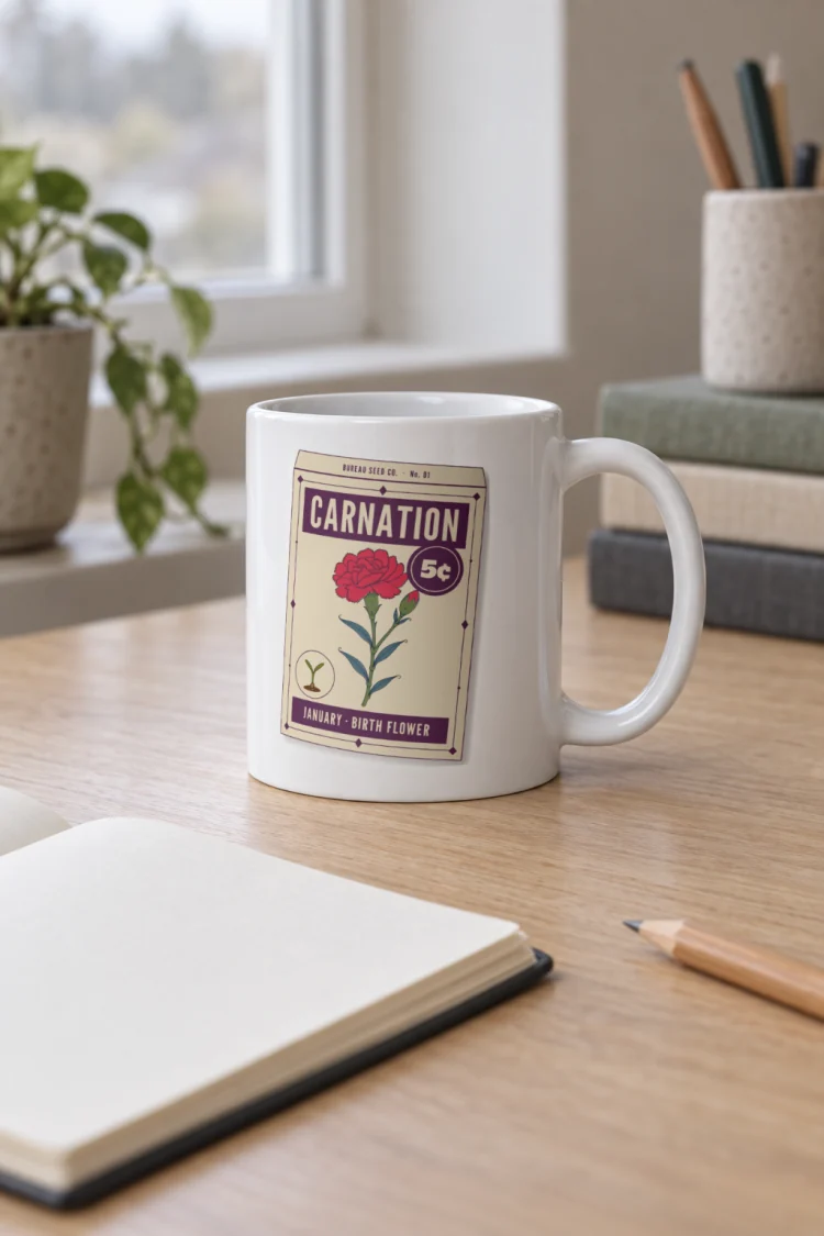 AI-generated image of the January Carnation Birth Flower Mug in White in a styled setting.