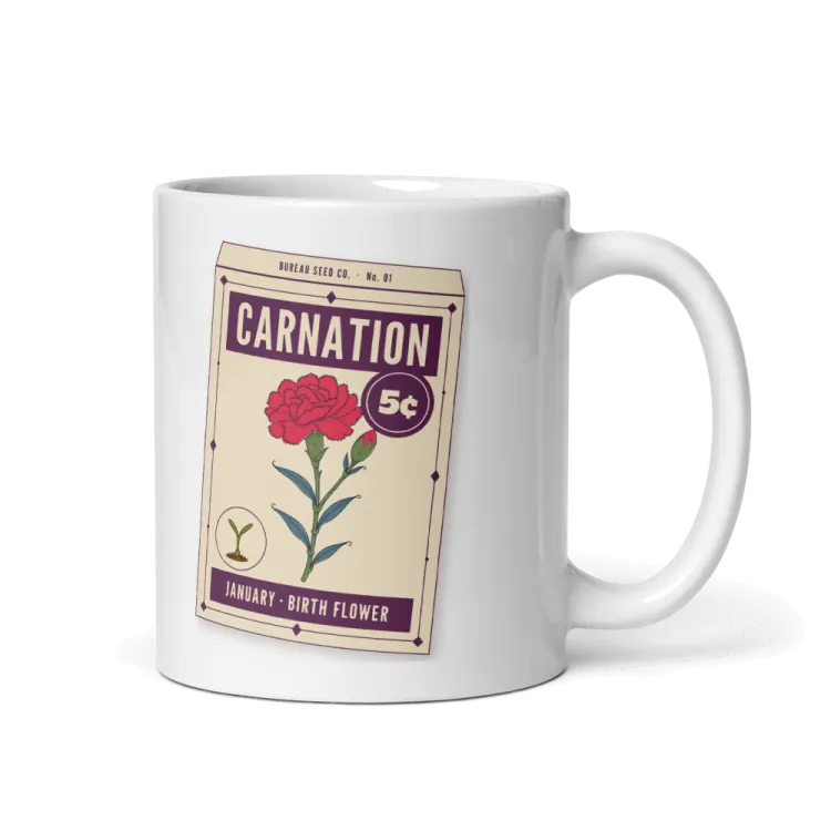 The January Carnation Birth Flower Mug in White.