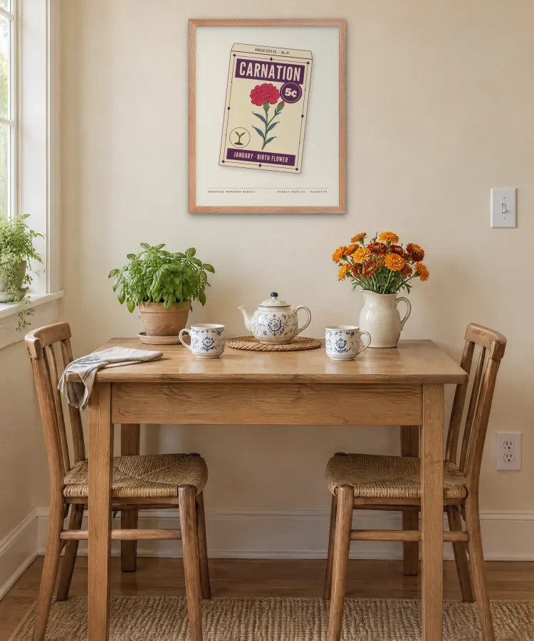 The January Carnation Birth Flower Framed Print in Red Oak. This room is an AI-generated scene. The frame and the print in it are the real product: the frame is the maker's own render and the print is the actual art file.