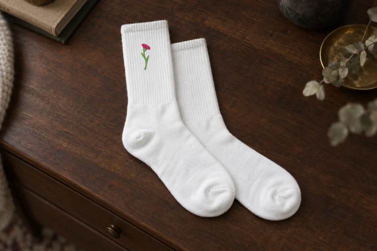 AI-generated image of the January Carnation Birth Flower Socks in White, folded on a table, its embroidery facing up.