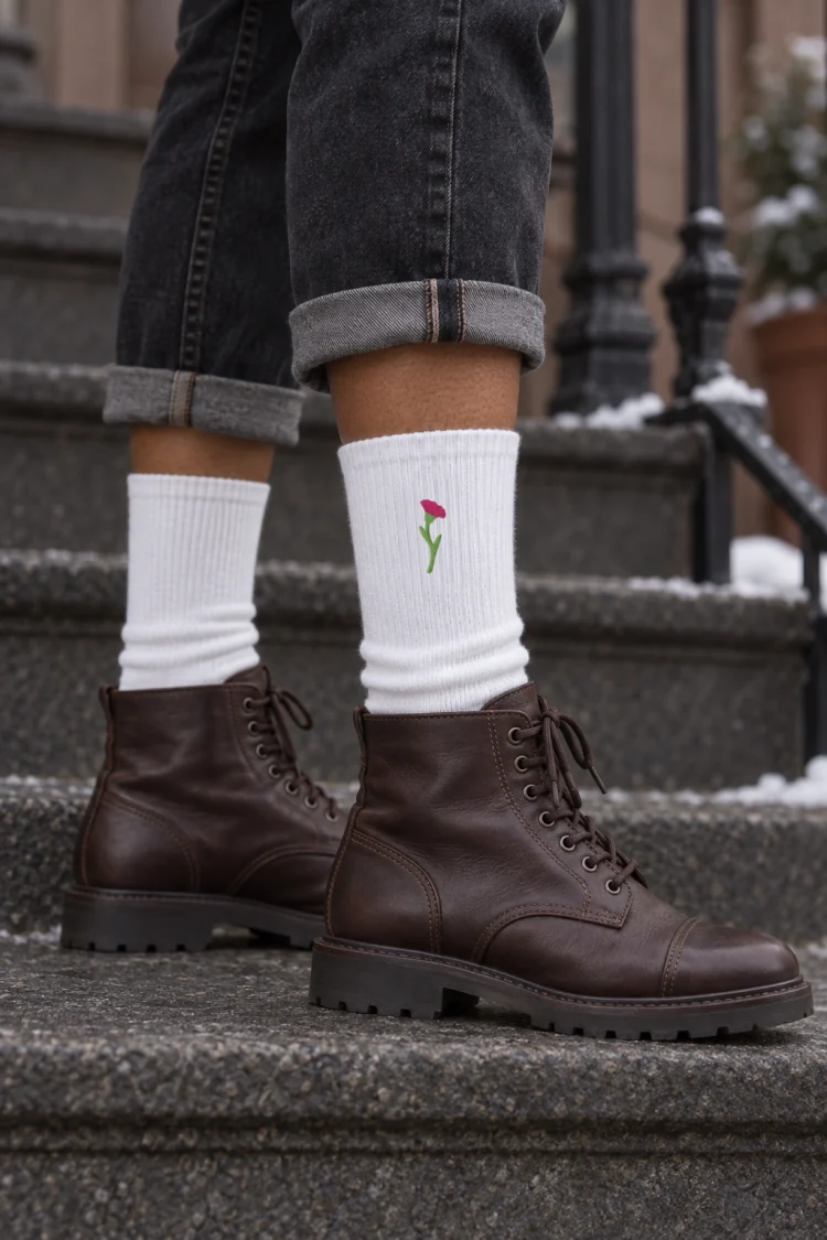 AI-generated image of the January Carnation Birth Flower Socks in White, worn with stone steps of a city brownstone in winter.