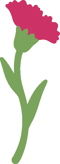 Embroidery artwork: a single pink carnation seen from the side, its ruffled head with scalloped edges sitting in a slim green calyx, on a long sage green stem with two narrow leaves, in flat solid colour with no outline.