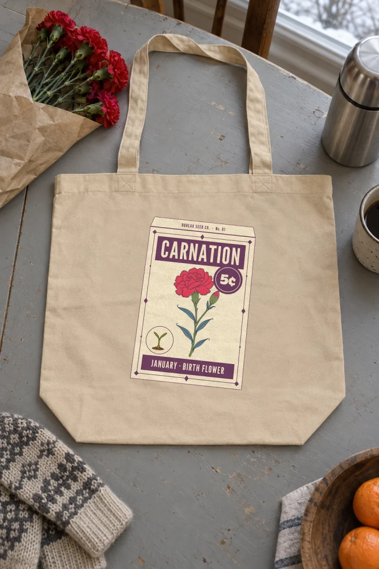 AI-generated image of the January Carnation Birth Flower Tote in Oyster on a table with everyday things around it.