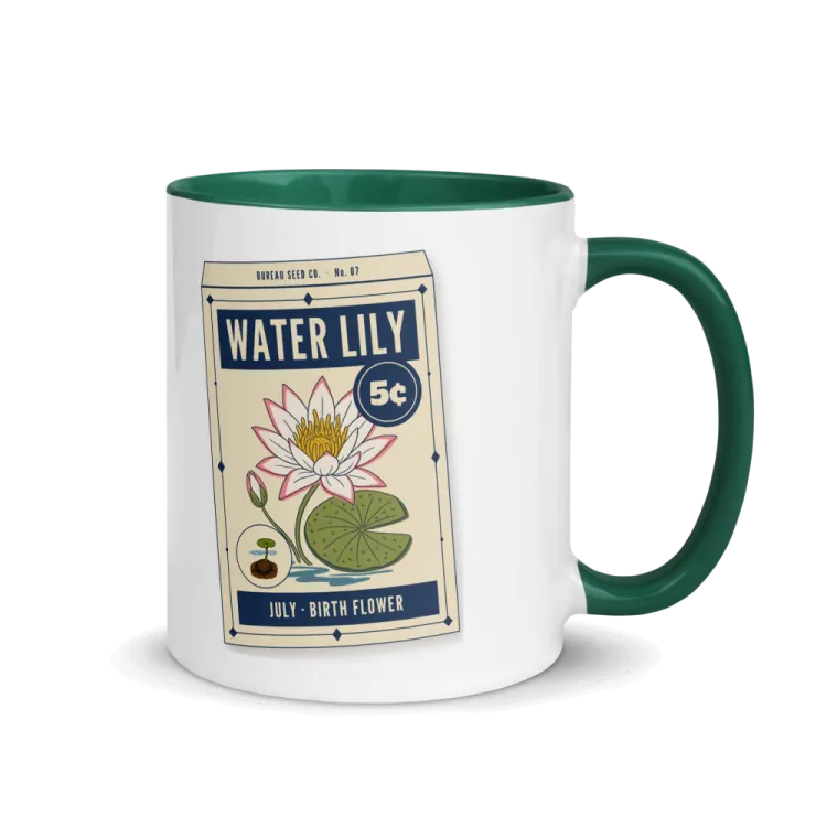 The July Water Lily Birth Flower Mug in Dark Green inside.