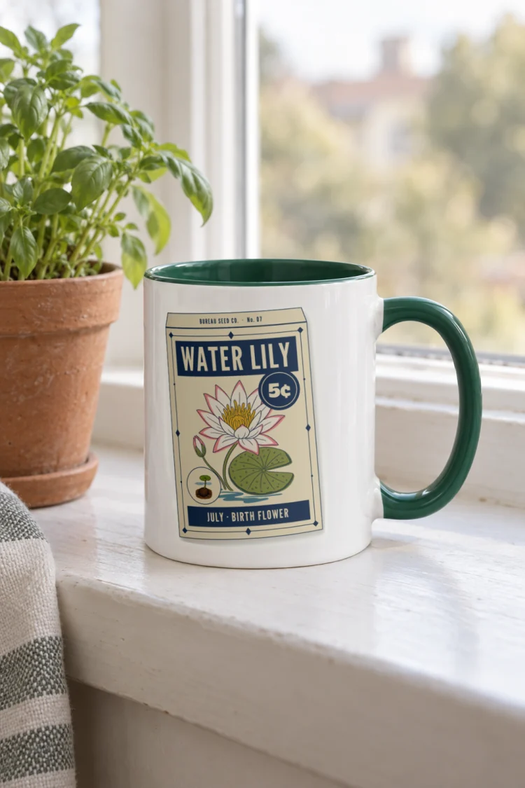 AI-generated image of the July Water Lily Birth Flower Mug in Dark Green inside in a styled setting.