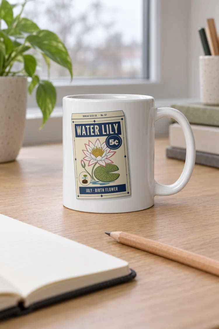 AI-generated image of the July Water Lily Birth Flower Mug in White in a styled setting.