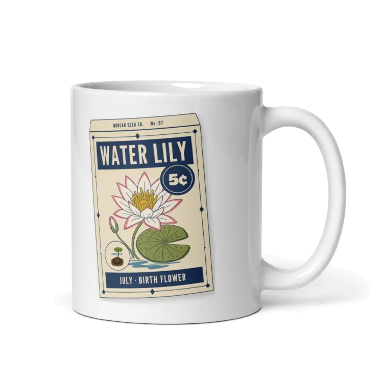 The July Water Lily Birth Flower Mug in White.