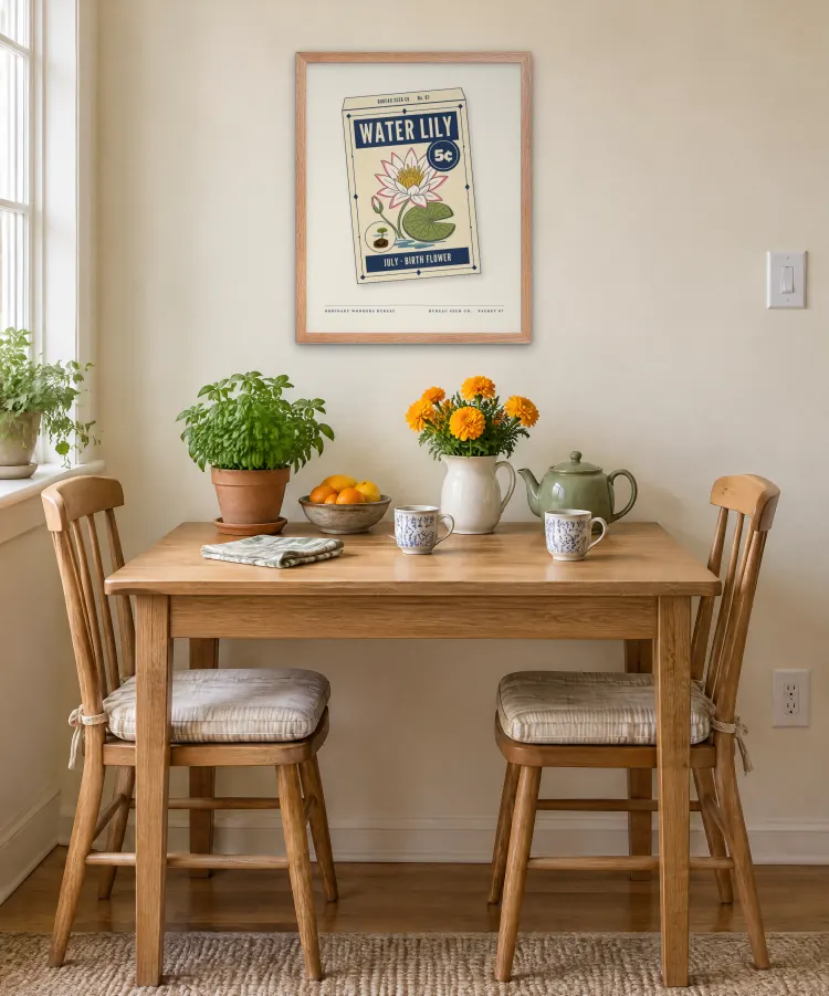 The July Water Lily Birth Flower Framed Print in Red Oak. This room is an AI-generated scene. The frame and the print in it are the real product: the frame is the maker's own render and the print is the actual art file.