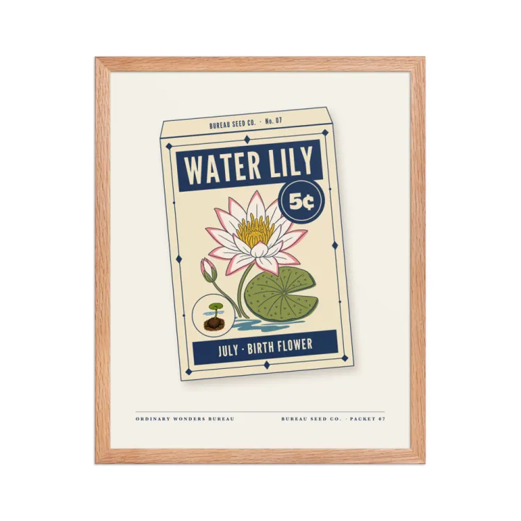 The July Water Lily Birth Flower Framed Print in Red Oak.
