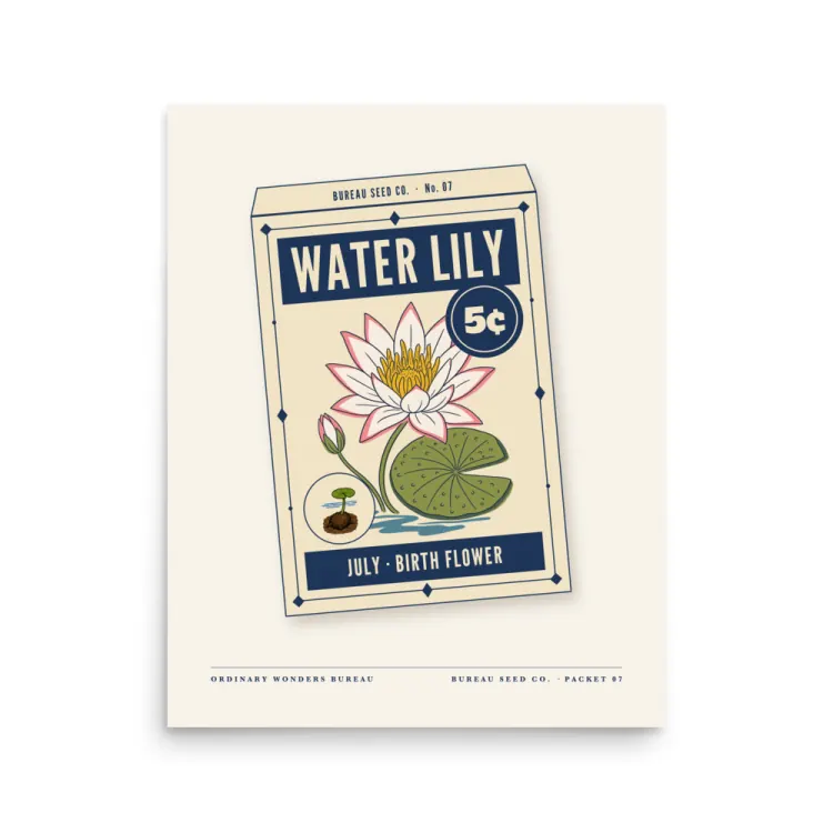 The July Water Lily Birth Flower Art Print in Unframed.