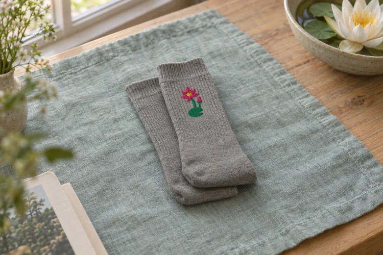 AI-generated image of the July Water Lily Birth Flower Socks in Heather Grey, folded on a table, its embroidery facing up.