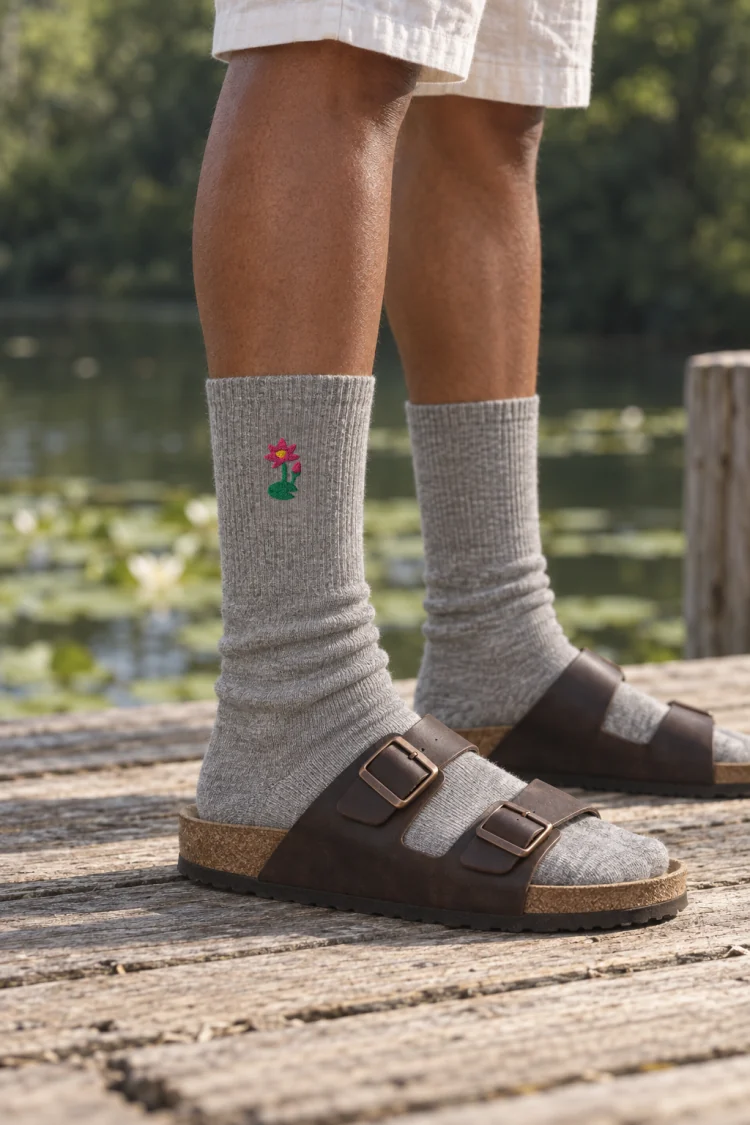 AI-generated image of the July Water Lily Birth Flower Socks in Heather Grey, worn with a weathered wooden dock by a pond.