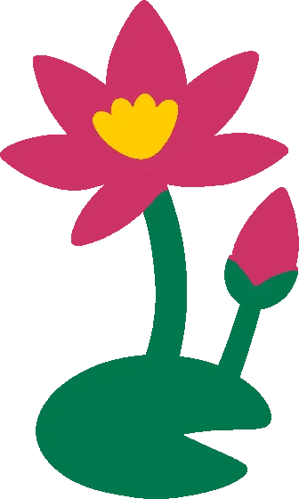 Embroidery artwork: a pink water lily with pointed petals around a small gold centre and a closed pink bud beside it, both rising on dark green stems from one round dark green lily pad, in flat solid colour with no outline.