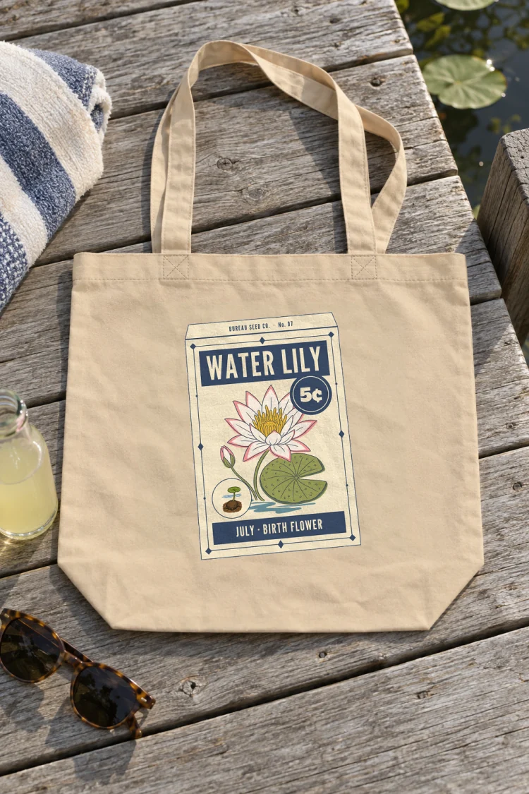 AI-generated image of the July Water Lily Birth Flower Tote in Oyster on a table with everyday things around it.
