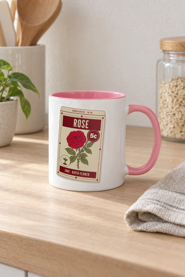 AI-generated image of the June Rose Birth Flower Mug in Pink inside in a styled setting.