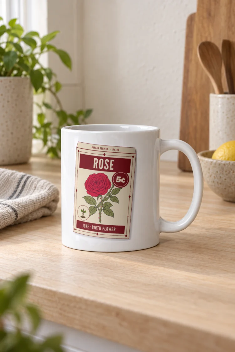AI-generated image of the June Rose Birth Flower Mug in White in a styled setting.