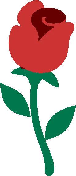 Embroidery artwork: a red rose bud seen from the side with a dark maroon swirl at its centre, on a curving dark green stem with two pointed dark green leaves, in flat solid colour with no outline.