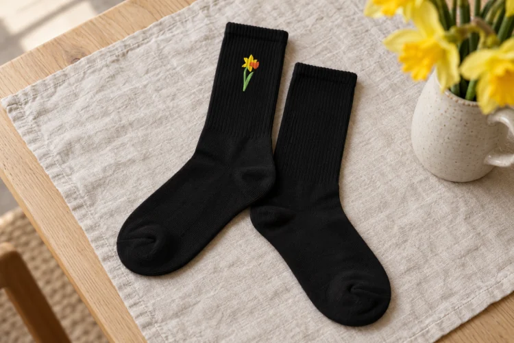 AI-generated image of the March Daffodil Birth Flower Socks in Black, folded on a table, its embroidery facing up.