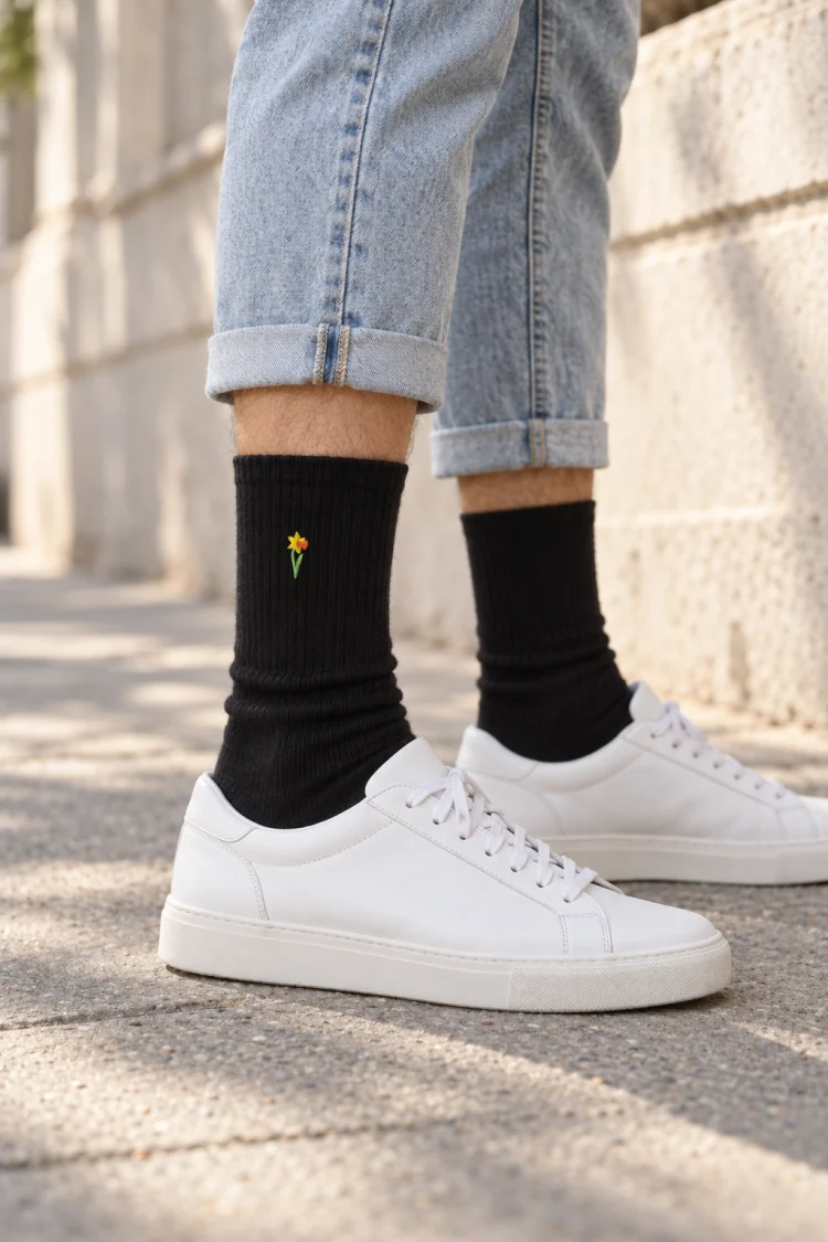 AI-generated image of the March Daffodil Birth Flower Socks in Black, worn with a sunny spring sidewalk beside a pale limestone.