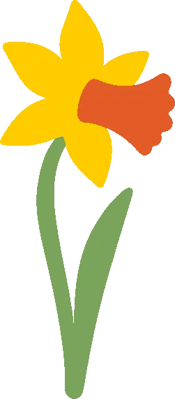 Embroidery artwork: a yellow daffodil seen from the side, six pointed petals behind a ruffled orange trumpet, on a sage green stem with one long narrow leaf beside it, in flat solid colour with no outline.