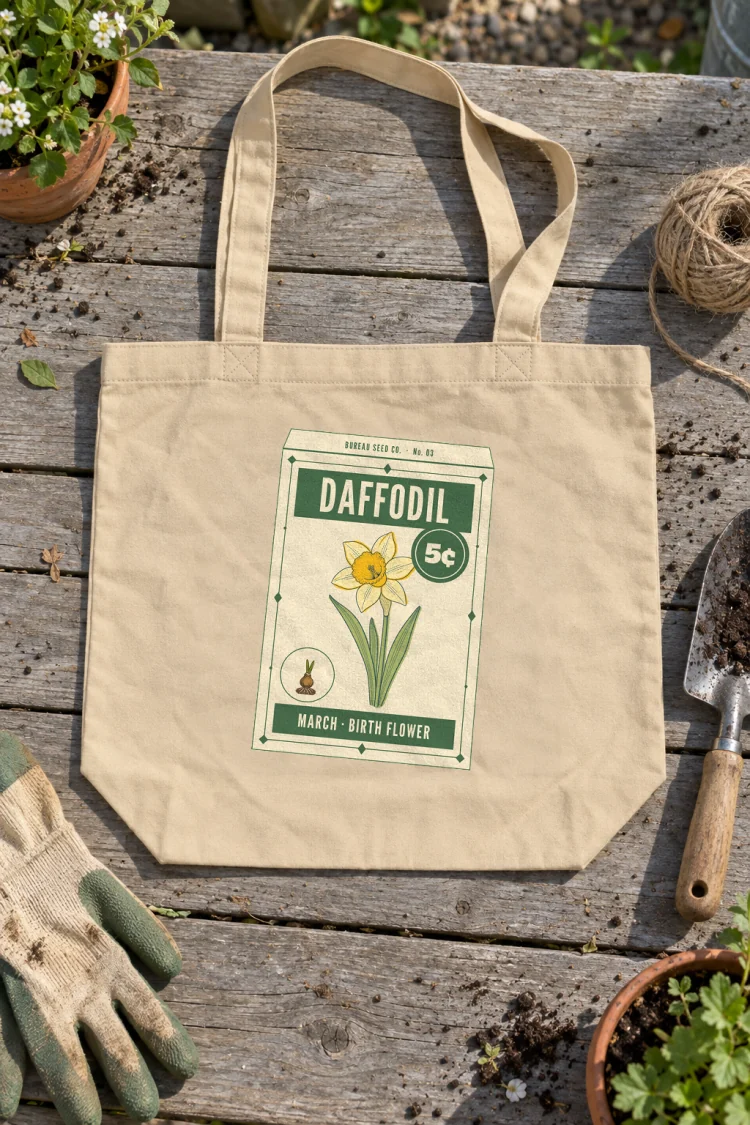 AI-generated image of the March Daffodil Birth Flower Tote in Oyster on a table with everyday things around it.