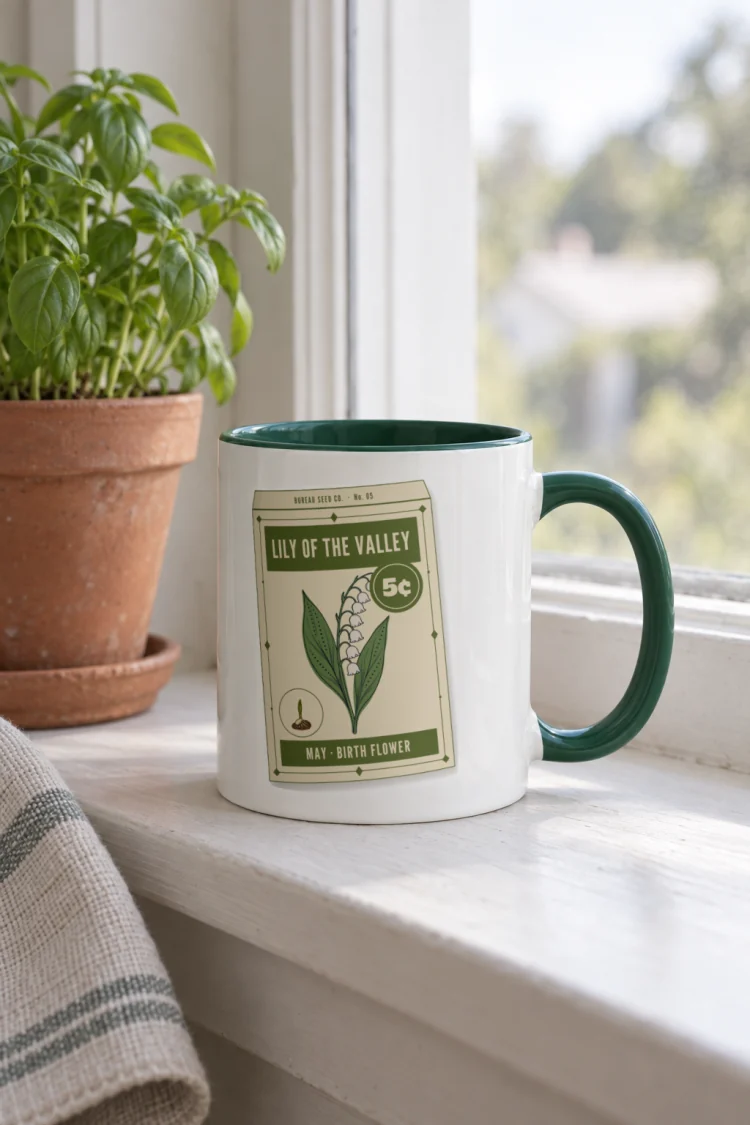 AI-generated image of the May Lily of the Valley Birth Flower Mug in Dark Green inside in a styled setting.