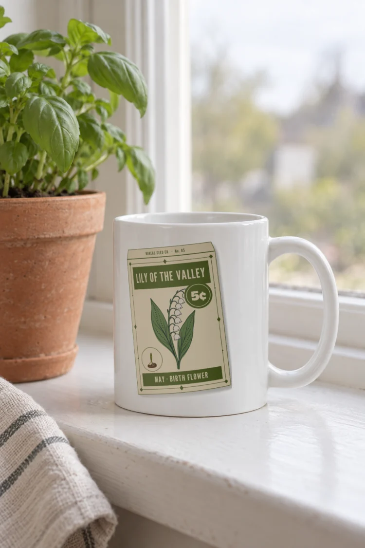 AI-generated image of the May Lily of the Valley Birth Flower Mug in White in a styled setting.