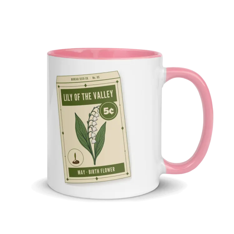 The May Lily of the Valley Birth Flower Mug in Pink inside.