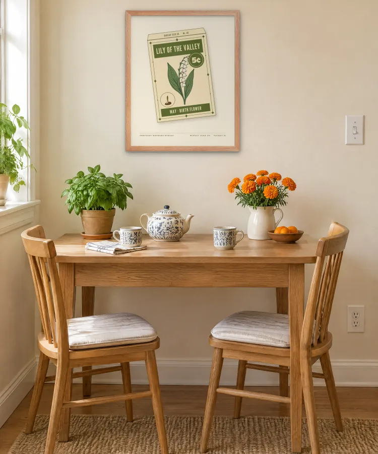 The May Lily of the Valley Birth Flower Framed Print in Red Oak. This room is an AI-generated scene. The frame and the print in it are the real product: the frame is the maker's own render and the print is the actual art file.