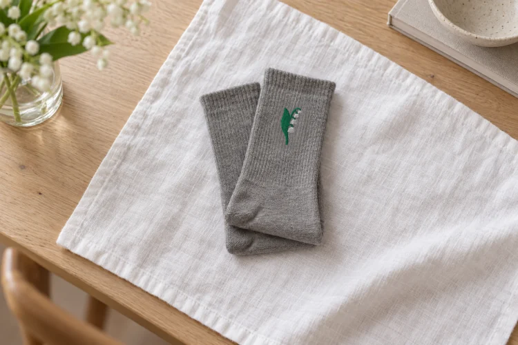 AI-generated image of the May Lily of the Valley Birth Flower Socks in Heather Grey, folded on a table, its embroidery facing up.