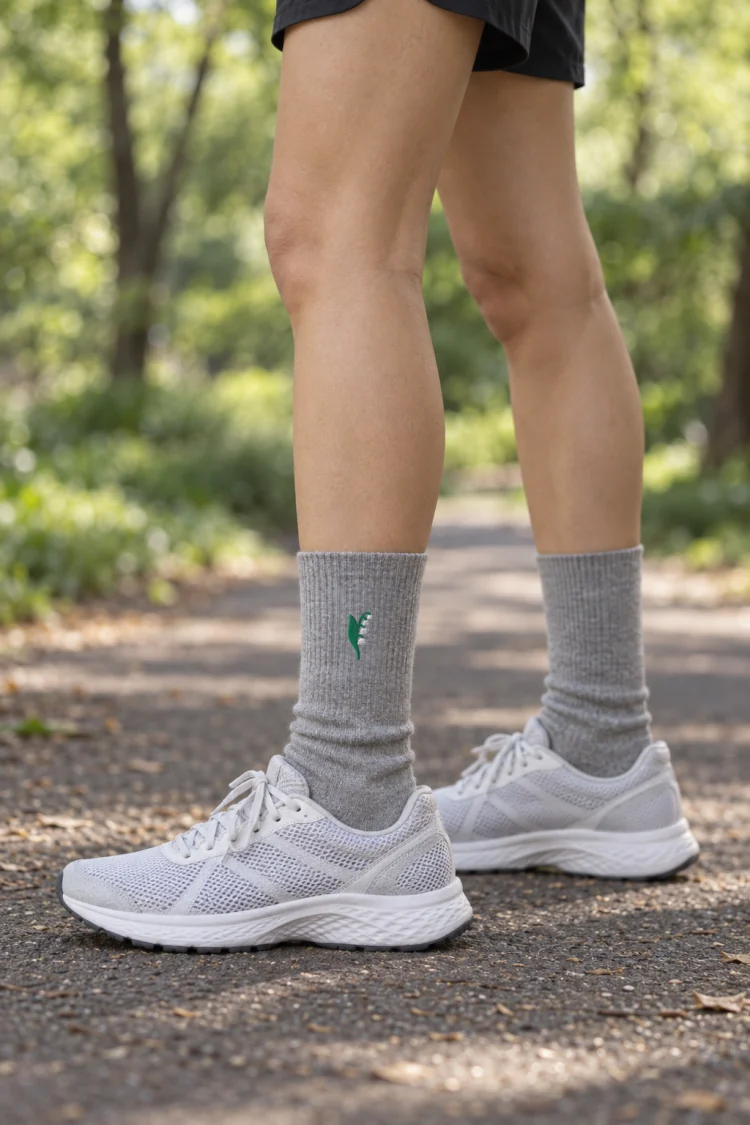 AI-generated image of the May Lily of the Valley Birth Flower Socks in Heather Grey, worn with a leafy park path in spring.