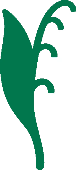 Embroidery artwork: an arching dark green stem hung with four round white bell flowers that get smaller toward the tip, beside one broad dark green leaf, in flat solid colour with no outline.