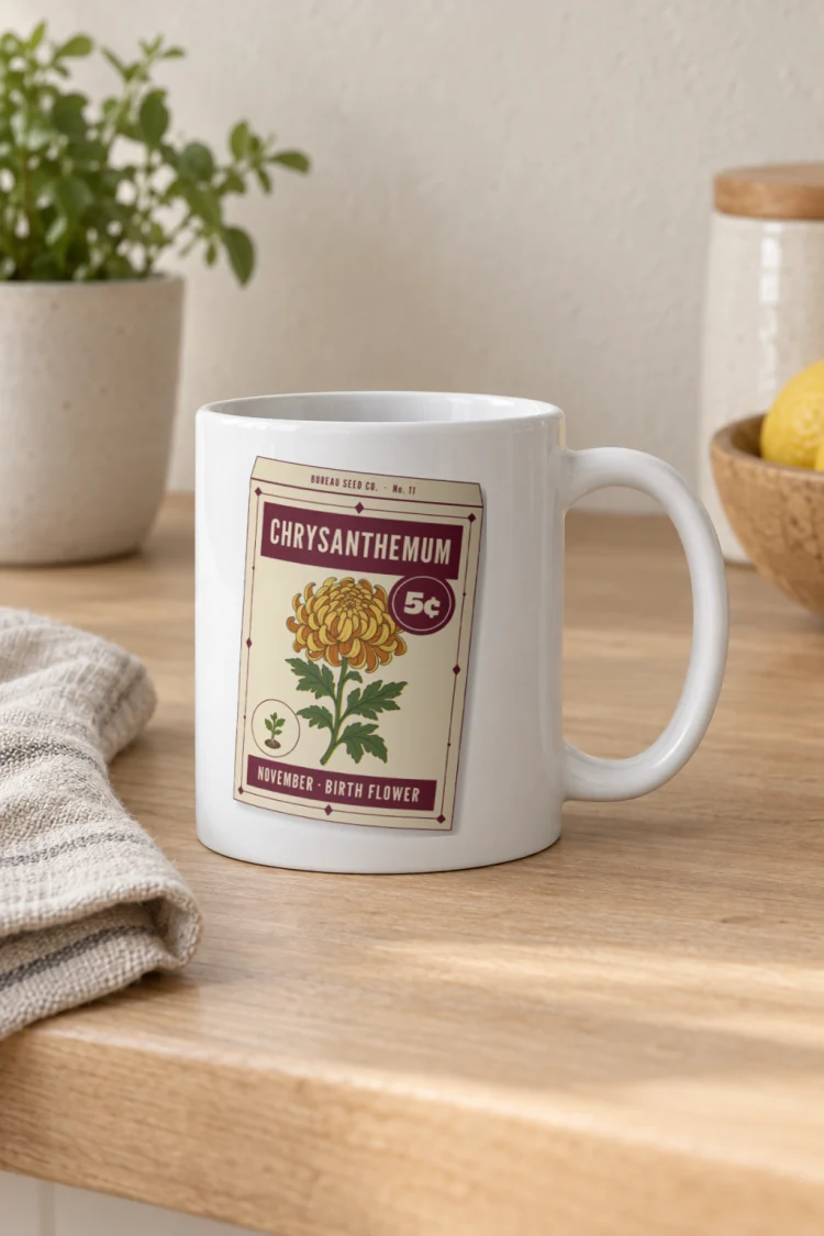 AI-generated image of the November Chrysanthemum Birth Flower Mug in White in a styled setting.