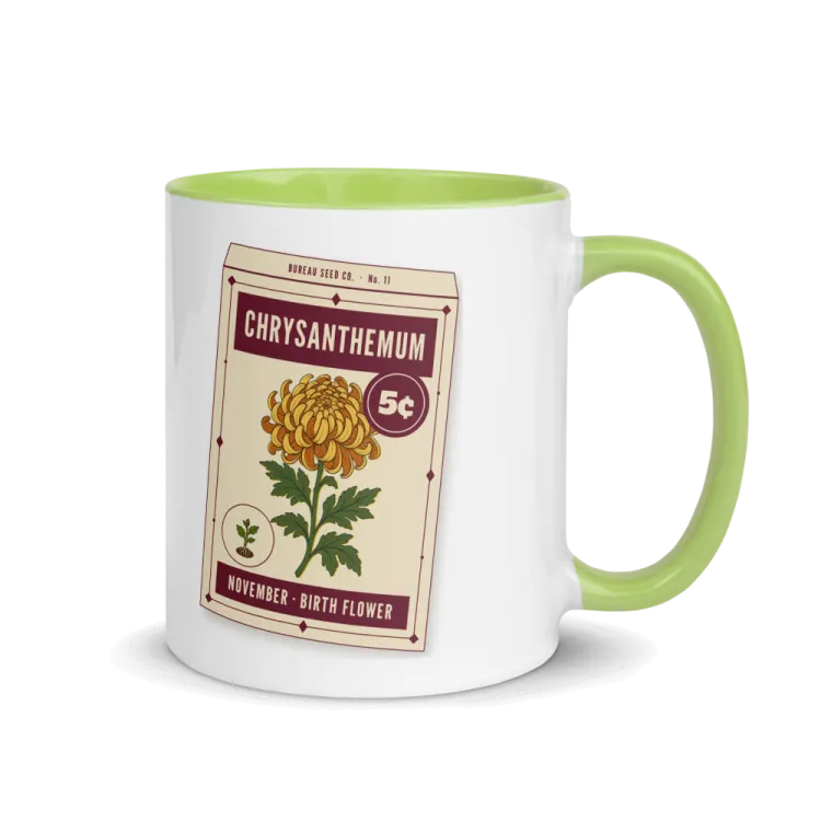 The November Chrysanthemum Birth Flower Mug in Green inside.