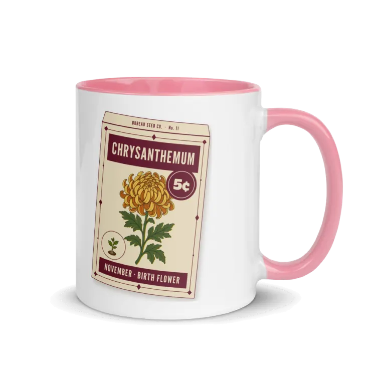 The November Chrysanthemum Birth Flower Mug in Pink inside.