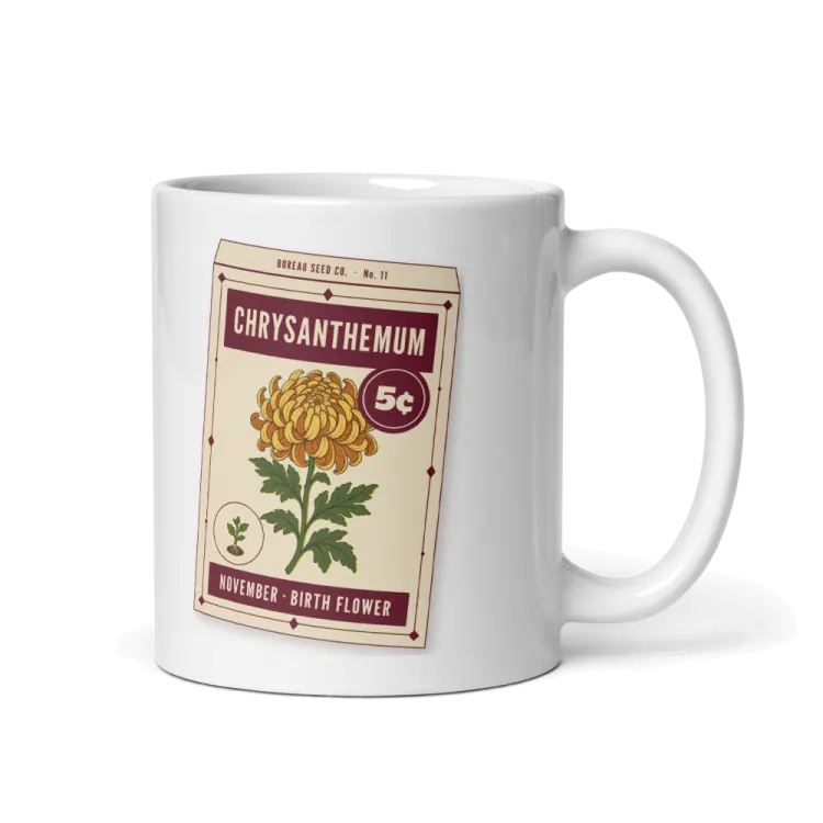 The November Chrysanthemum Birth Flower Mug in White.