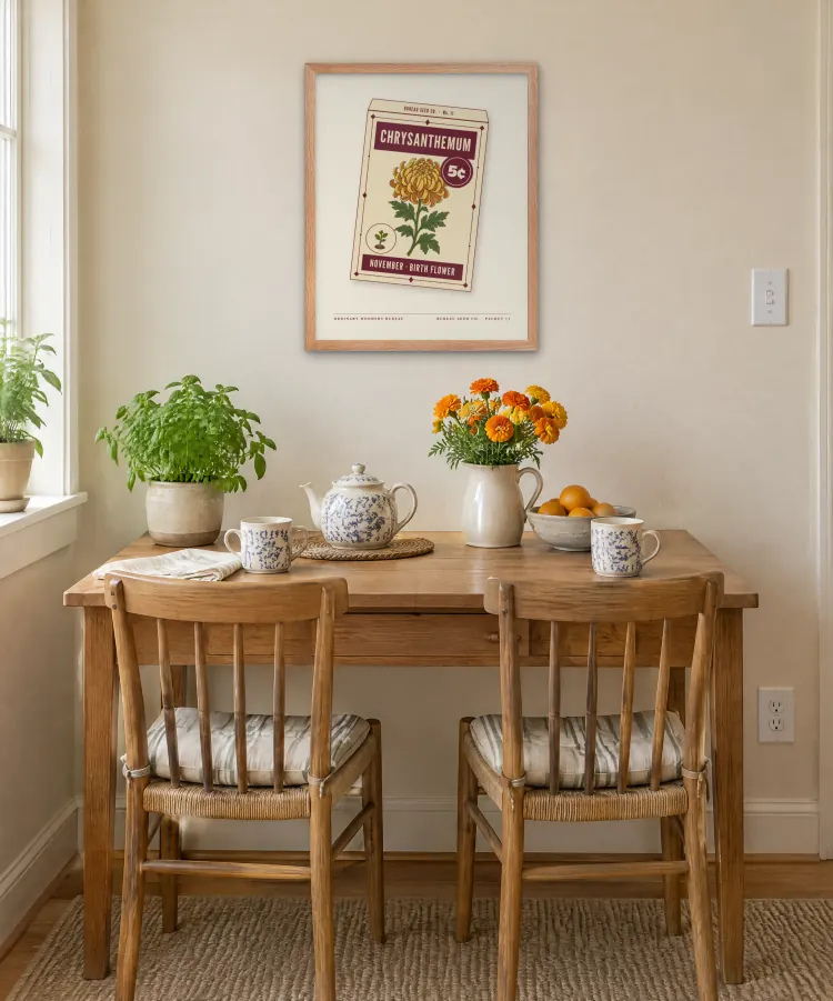 The November Chrysanthemum Birth Flower Framed Print in Red Oak. This room is an AI-generated scene. The frame and the print in it are the real product: the frame is the maker's own render and the print is the actual art file.