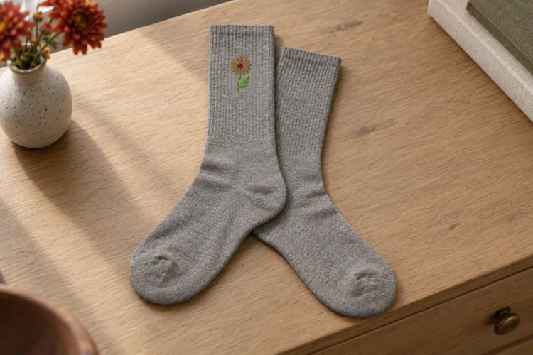 AI-generated image of the November Chrysanthemum Birth Flower Socks in Heather Grey, folded on a table, its embroidery facing up.