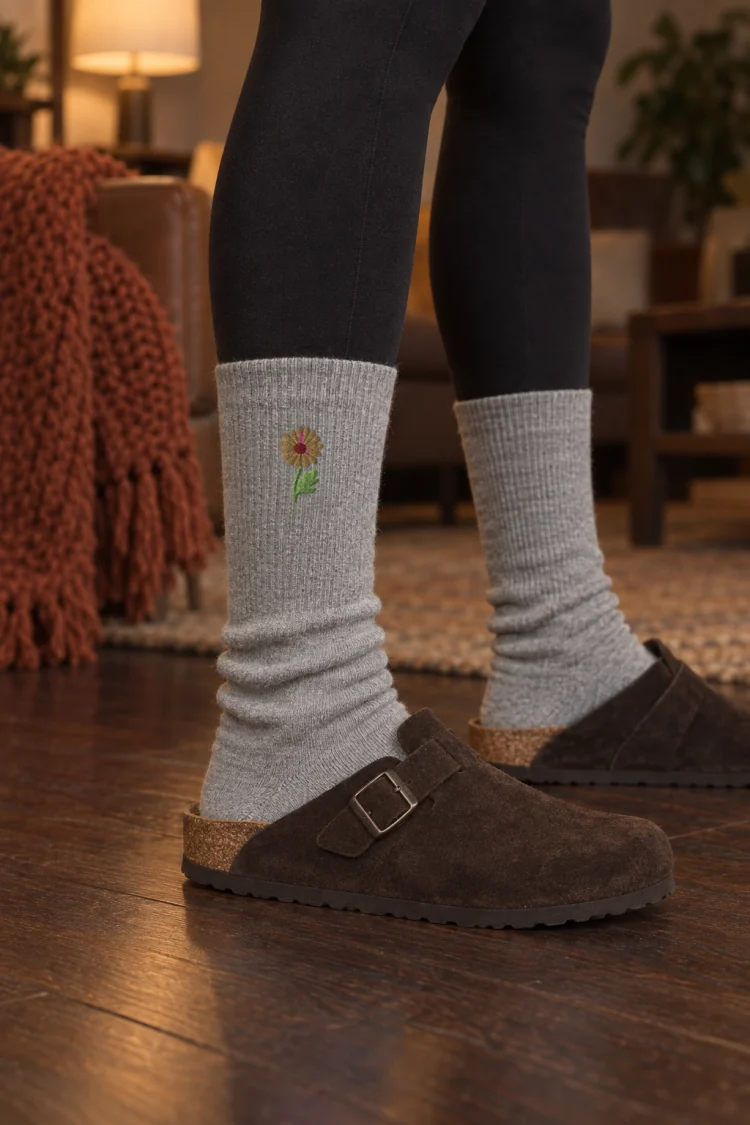 AI-generated image of the November Chrysanthemum Birth Flower Socks in Heather Grey, worn with a cosy living room with a dark wood.