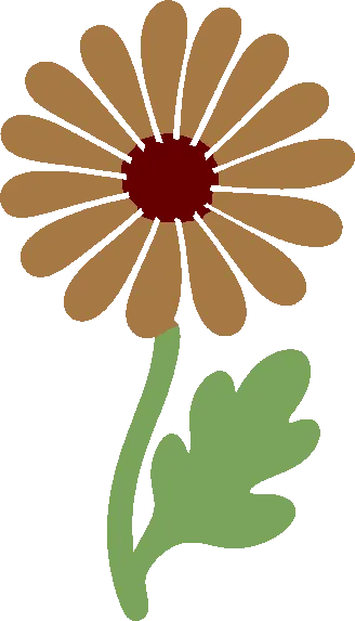 Embroidery artwork: a bronze-gold chrysanthemum seen face-on, long rounded petals radiating from a small dark maroon centre, on a sage green stem with one broad lobed leaf, in flat solid colour with no outline.