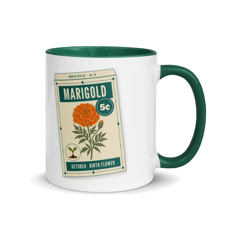 The October Marigold Birth Flower Mug in Dark Green inside.