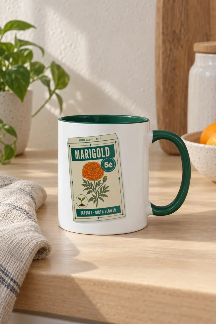 AI-generated image of the October Marigold Birth Flower Mug in Dark Green inside in a styled setting.