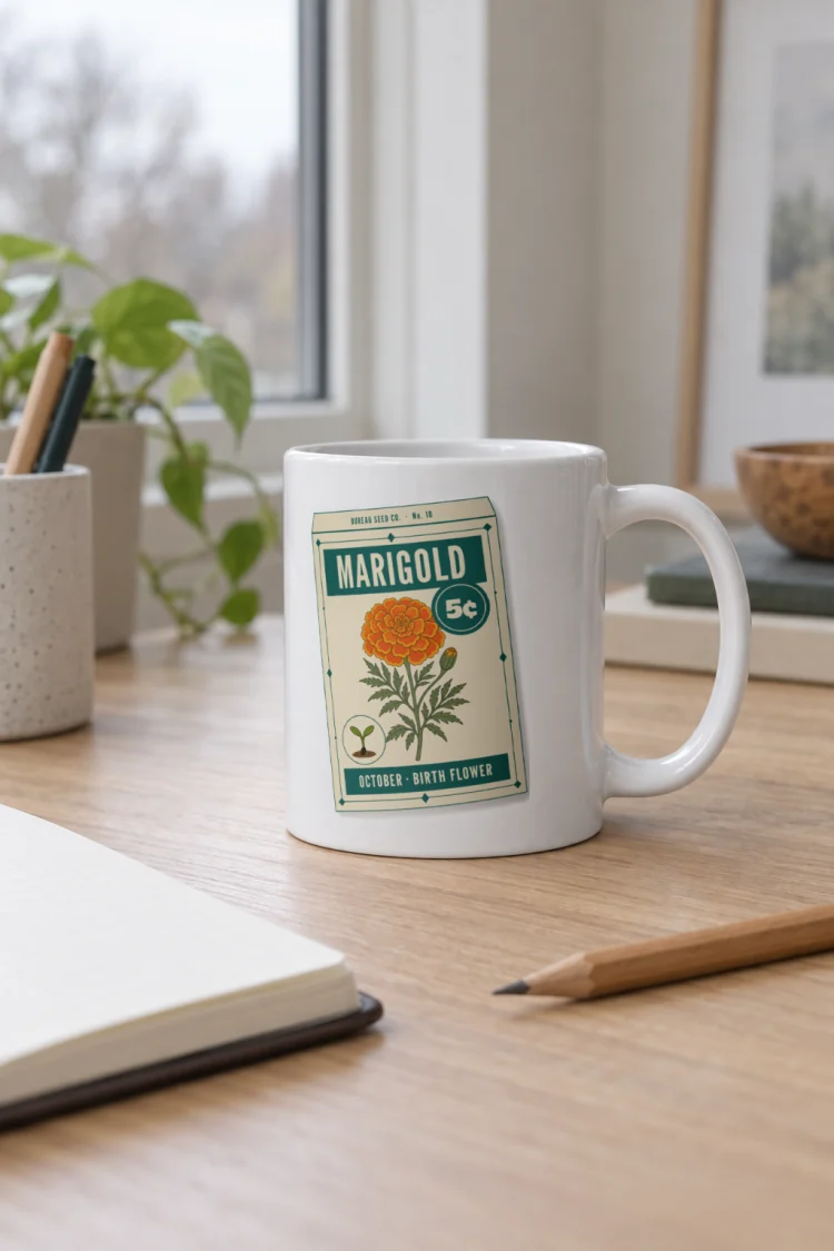 AI-generated image of the October Marigold Birth Flower Mug in White in a styled setting.
