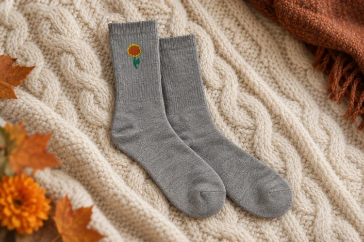 AI-generated image of the October Marigold Birth Flower Socks in Heather Grey, folded on a table, its embroidery facing up.