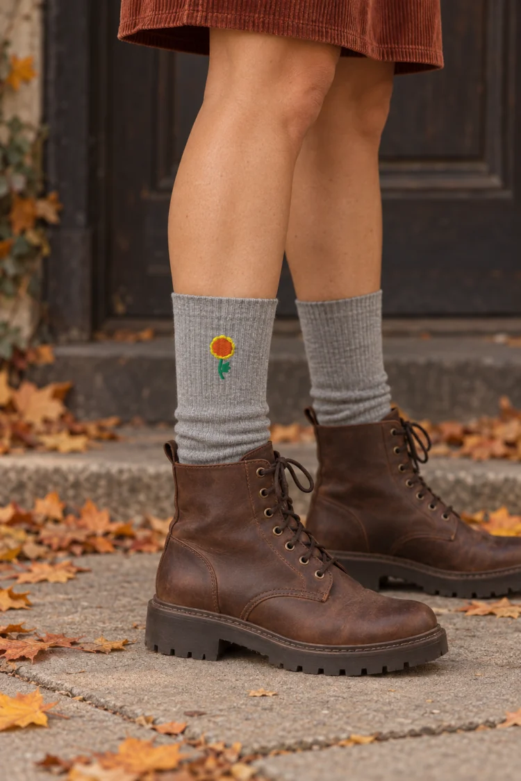 AI-generated image of the October Marigold Birth Flower Socks in Heather Grey, worn with an autumn sidewalk with fallen orange leaves.