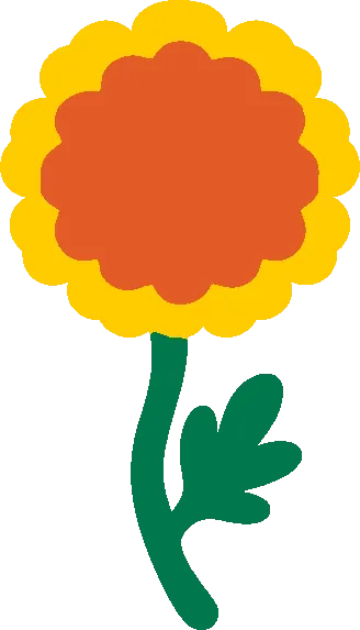 Embroidery artwork: an orange marigold seen face-on, a round ruffled middle ringed with scalloped gold petals, on a curving dark green stem with one deeply cut dark green leaf, in flat solid colour with no outline.