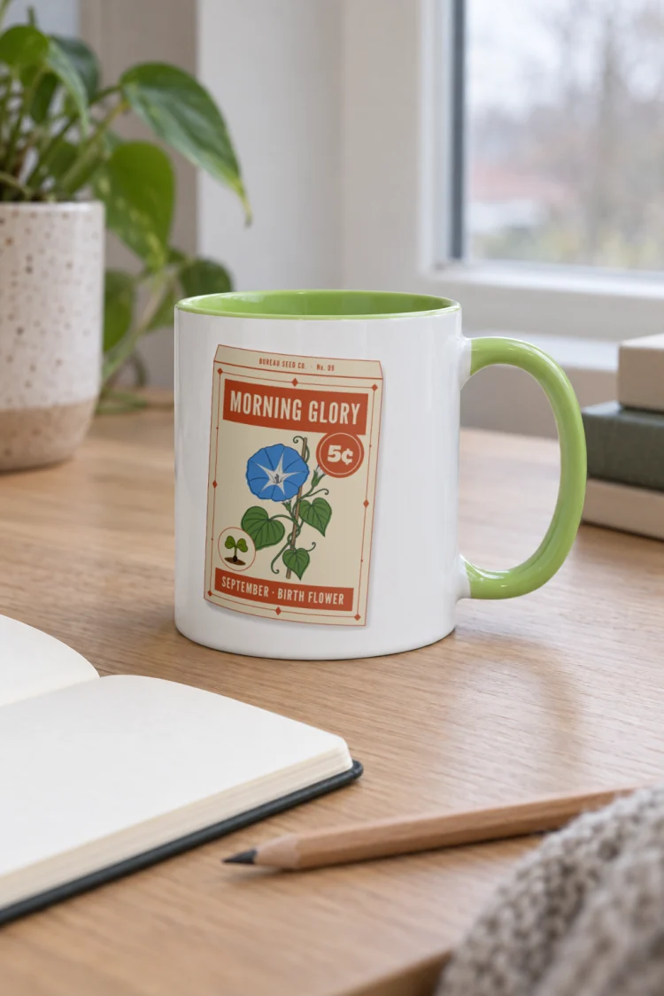 AI-generated image of the September Morning Glory Birth Flower Mug in Green inside in a styled setting.