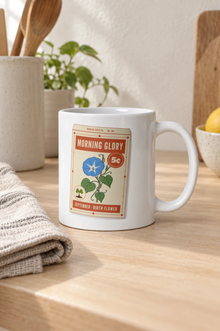 AI-generated image of the September Morning Glory Birth Flower Mug in White in a styled setting.
